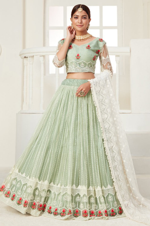 Wedding Wear Dusty Green Net Embroidered Lehenga