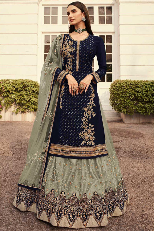 Lehenga for Wedding Wear in Net Dusty Green 