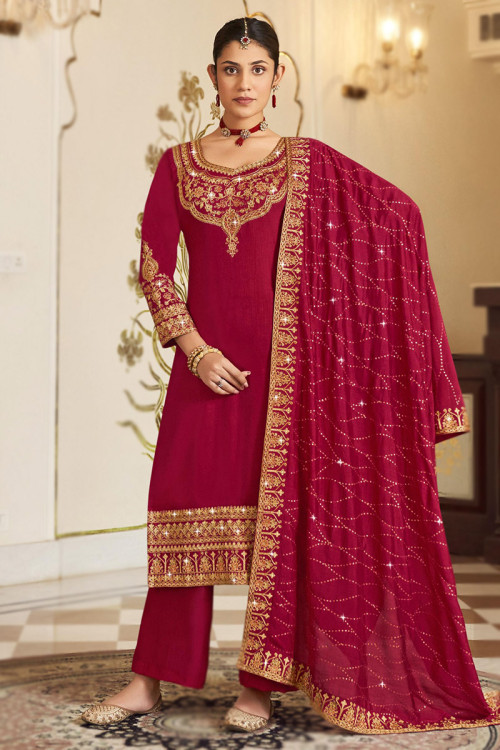 Wedding Wear Embroidered Ruby Pink Art Silk Trouser Suit 