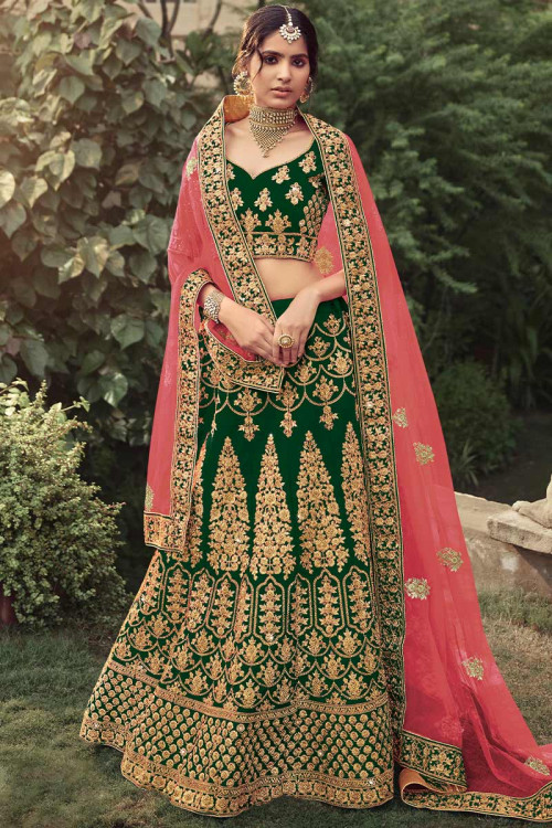 Wedding Wear Embroidered Satin Dark Green Lehenga