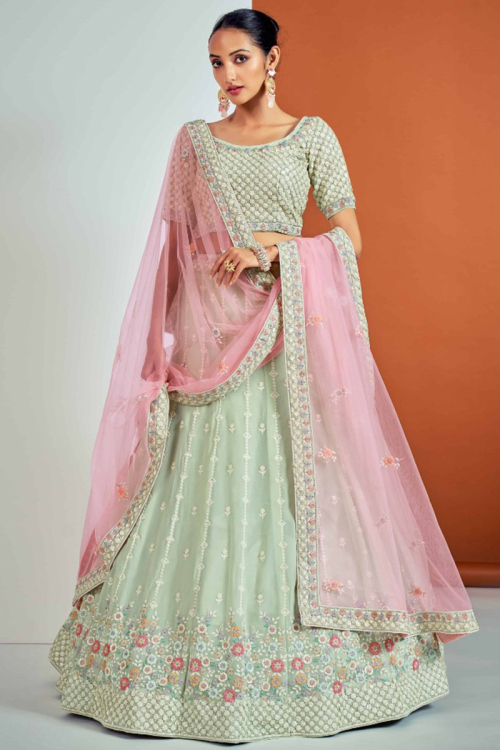 Wedding Wear Georgette Embroidered Pistachio Green Lehenga