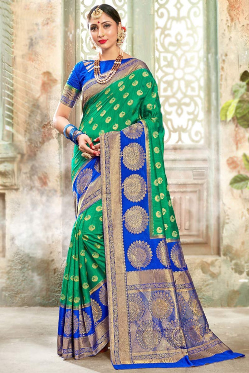 Wedding Wear Green Art Silk Woven Zari Saree