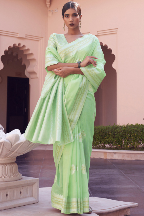 Wedding Wear Linen Pistachio Green Woven Zari Saree 