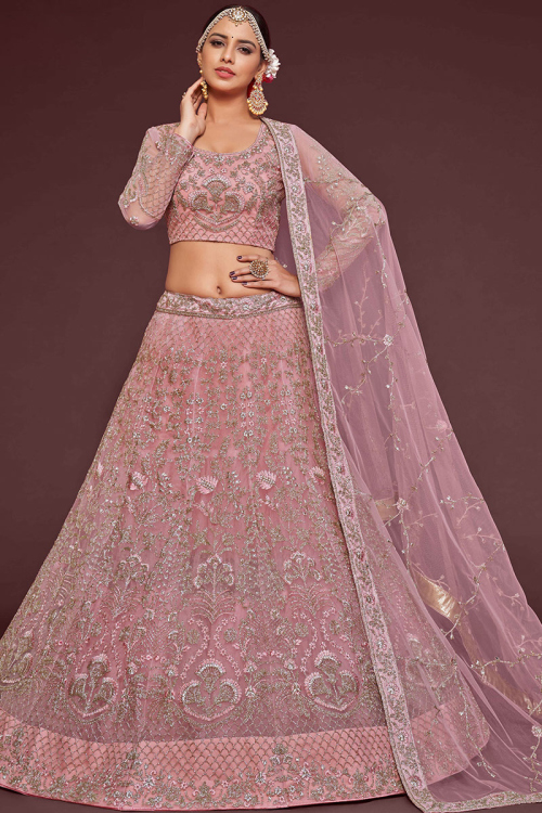 Wedding Wear Net Pink Embroidered Lehenga 