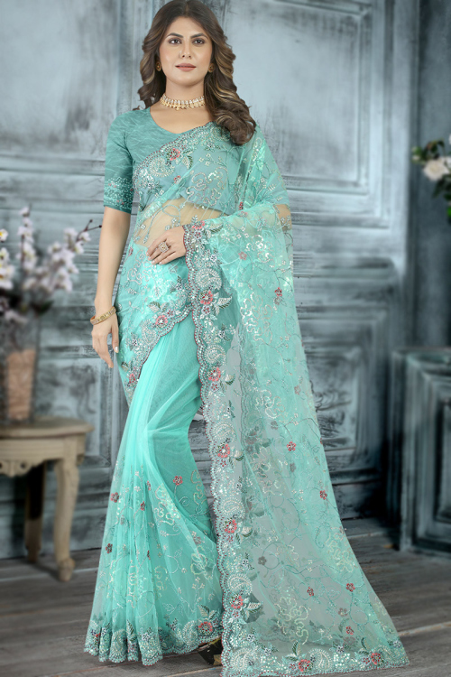 Wedding Wear Net Turquoise Blue Embroidered Saree 