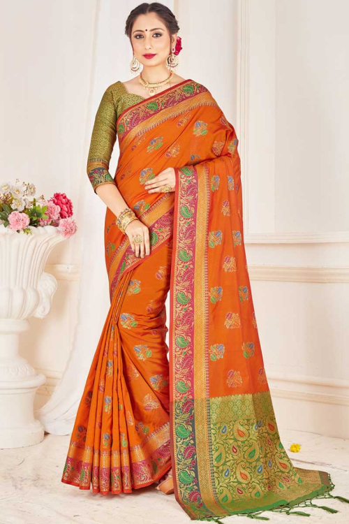 Wedding Wear Orange Banarasi Silk Woven Zari Saree