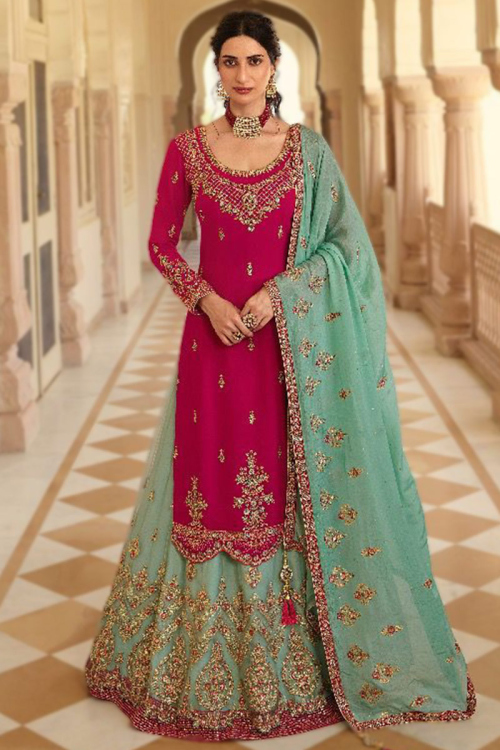 Wedding Wear Pale Turquoise Blue Net Long Choli Lehenga