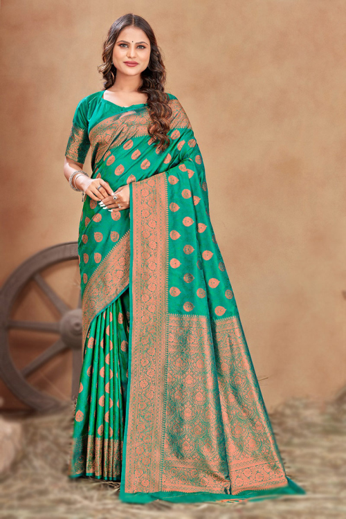 Wedding Wear Persian Green Weaved Zari Banarasi Silk Saree 