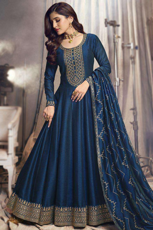 Wedding Wear Prussian Blue Embroidered Silk Anarkali Suit