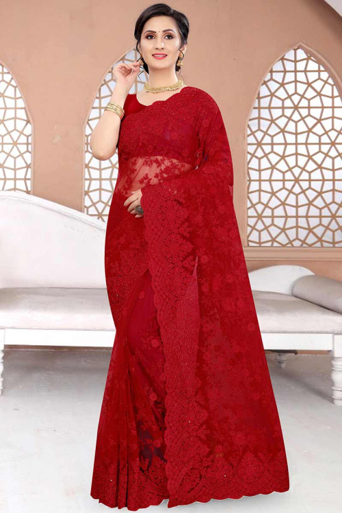Wedding Wear Red Net Embroidered Saree