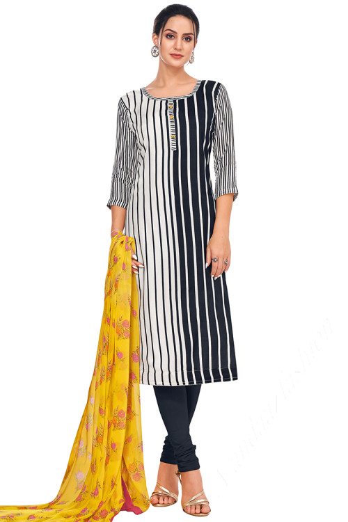 White And Black Cotton Printed Churidar Suit
