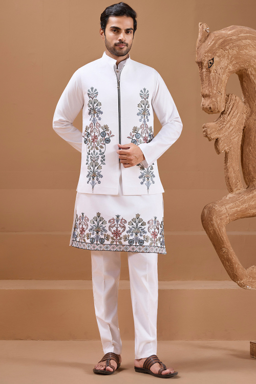 White Art Silk Embroidered Men's Kurta Pajama 