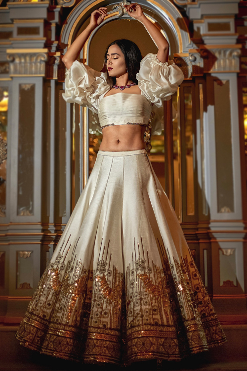 White Art Silk Embroidered Panelled Style Lehenga