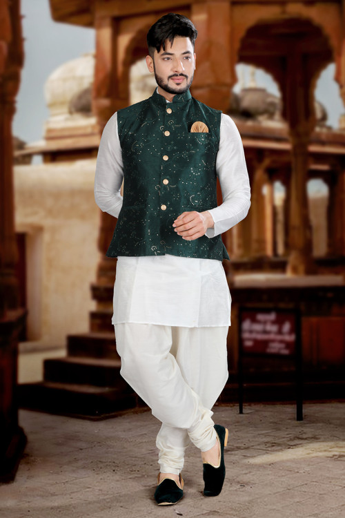 White kurta pajama hotsell with white waistcoat