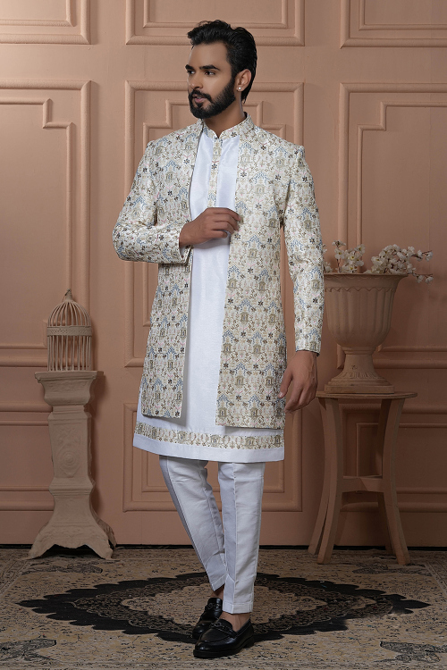 White Art Silk Men's Kurta Pajama With Embroidered Jacket