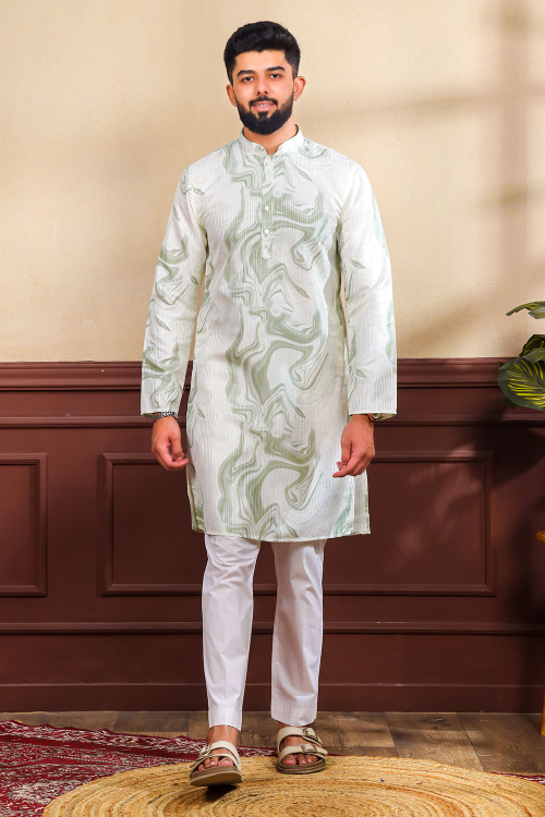White Art Silk Men's Kurta Pajama With Printed Work