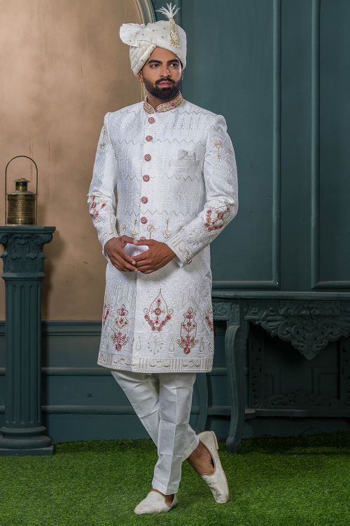 White Art Silk Men's Sherwani With Cutdana Work For Wedding