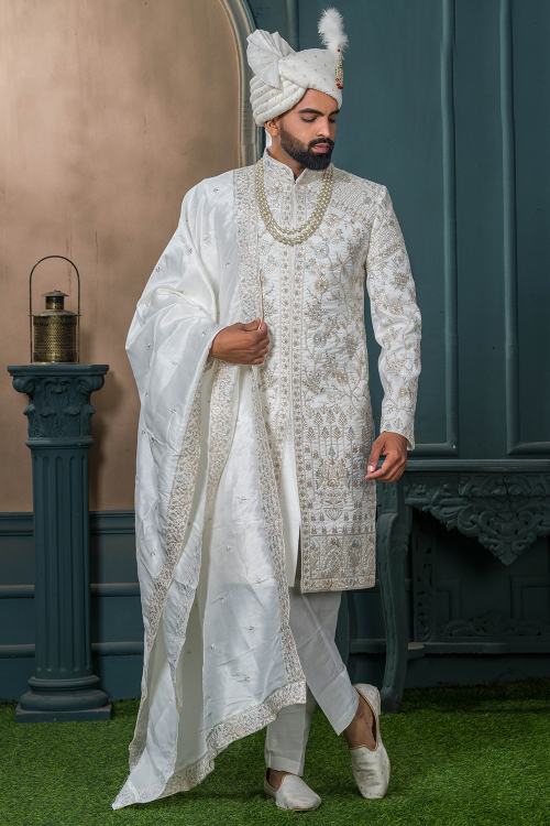 White Art Silk Men's Sherwani With Stone Work For Wedding