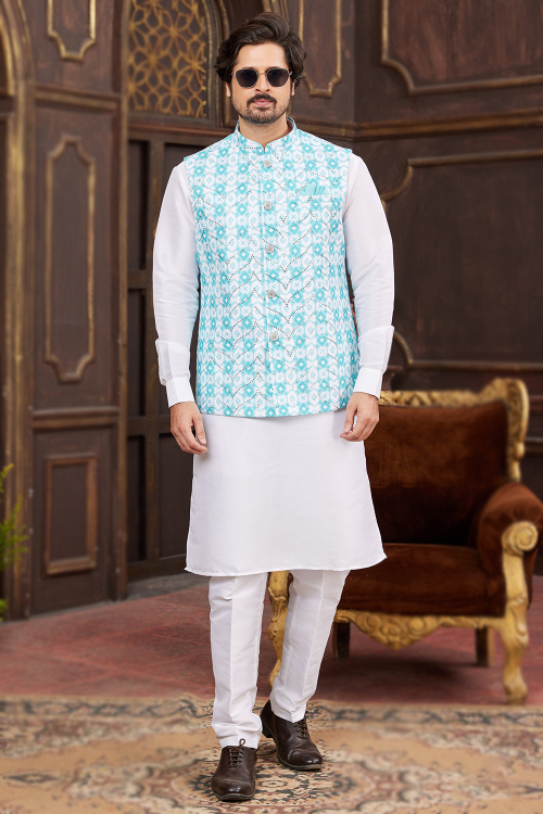 White Art Silk Printed Jacket Men's Kurta With Churidar 