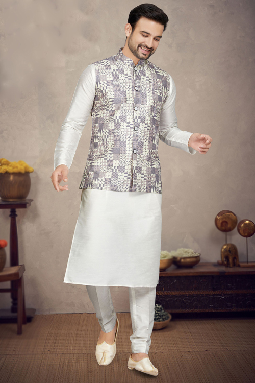 White Art Silk Printed Jacket Style Men's Waist Coat 