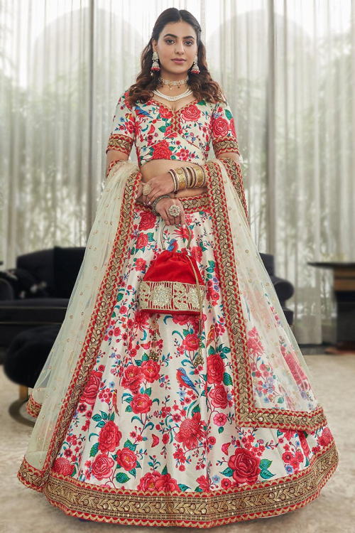 White Art Silk Printed Panelled Style Lehenga