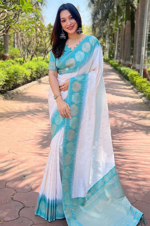 White Art Silk Weaved Broad Border Saree