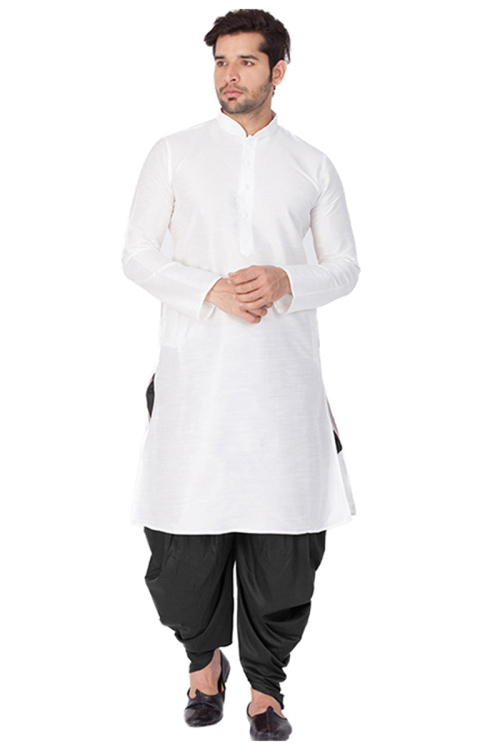 White Bangalori Silk Men Kurta Dhoti