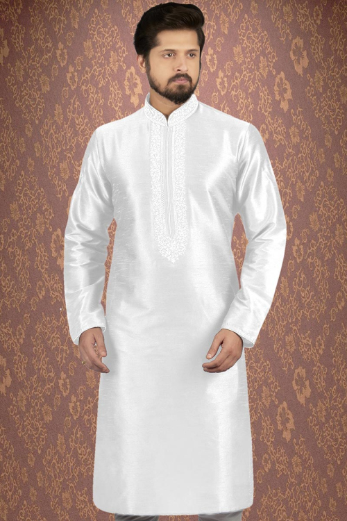 White Banglori Silk Kurta For Men