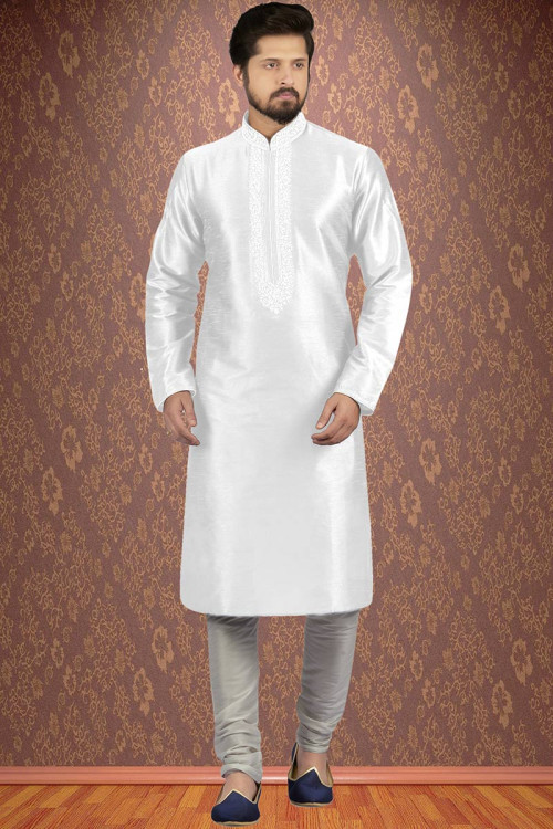 White Banglori Silk Kurta Pajama For Men