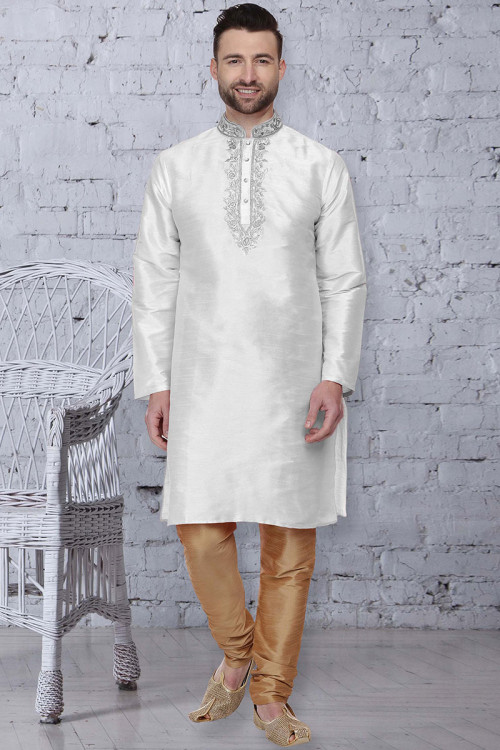 White Banglori Silk Kurta Pajama With Zari Work