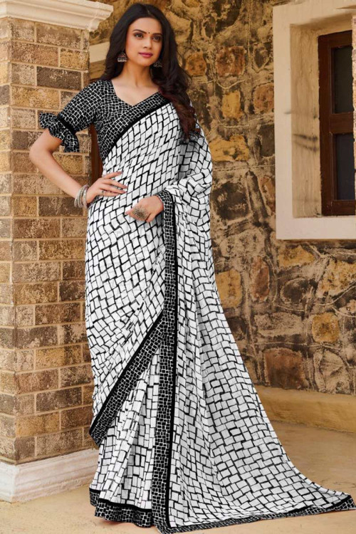 Striped, Polka Print Daily Wear Georgette Saree (Black, White)