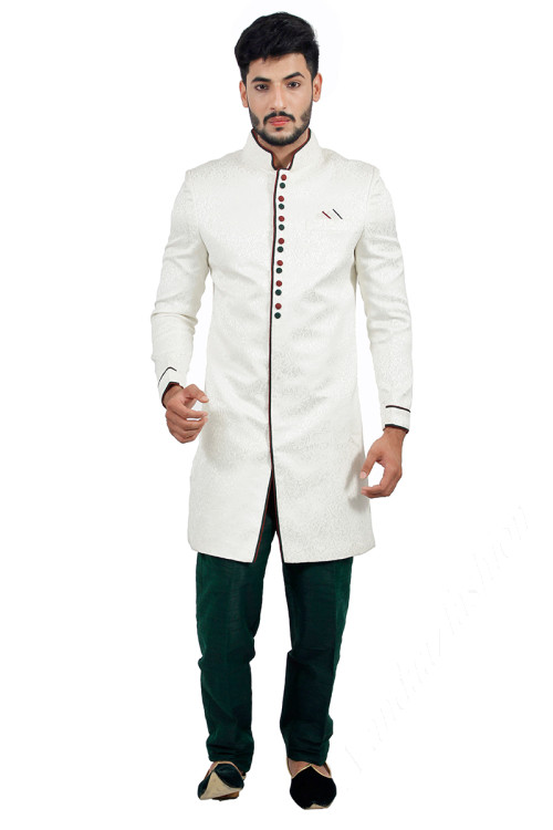 White Brocade Men Sherwani With Pajama