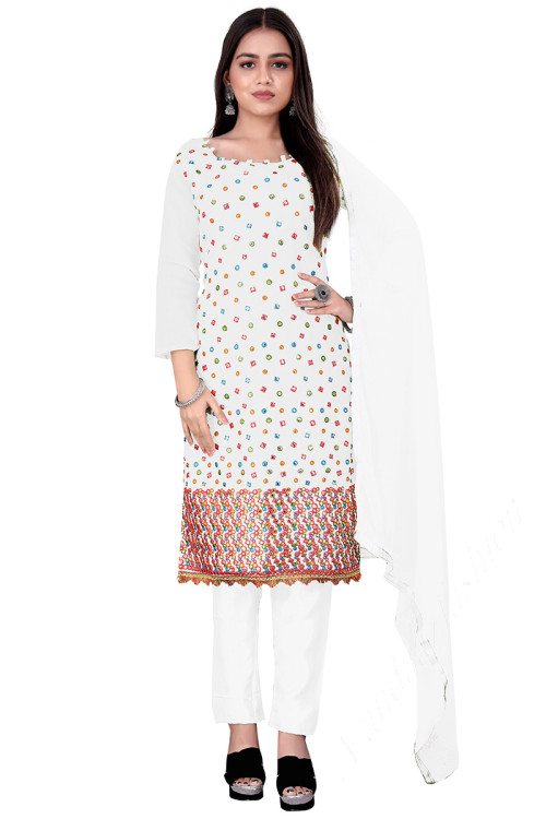 White Chanderi Cotton Embroidered Trouser Suit