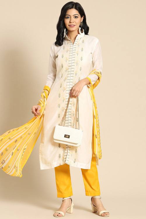 White Chanderi Cotton Trouser Suit