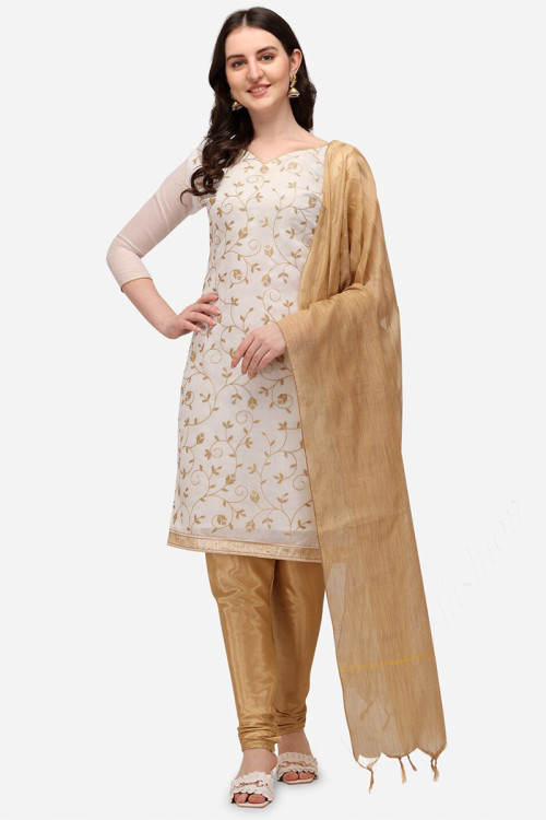 White Chanderi Embroidered Straight Cut Churidar Suit