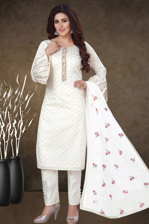 White Chanderi Embroidered Trouser Suit