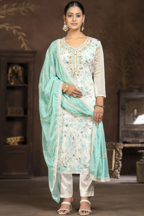 White Chanderi Floral Print Trouser Suit For Sangeet 