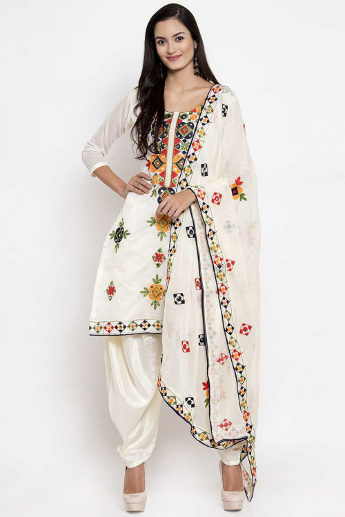 White Chanderi Silk Straight Cut Patiala Suit