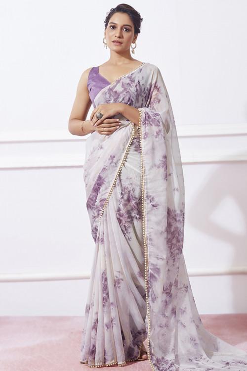 White Organza Tie And Dye Printed Casual Wear Saree 