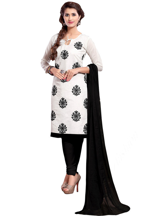 White Cotton Embroidered Churidar Suit