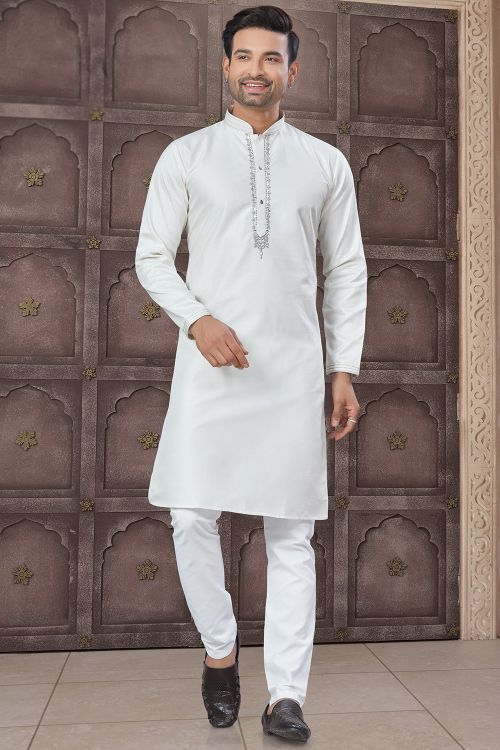 White Cotton Embroidered Straight Cut Men's Kurta Pajama 