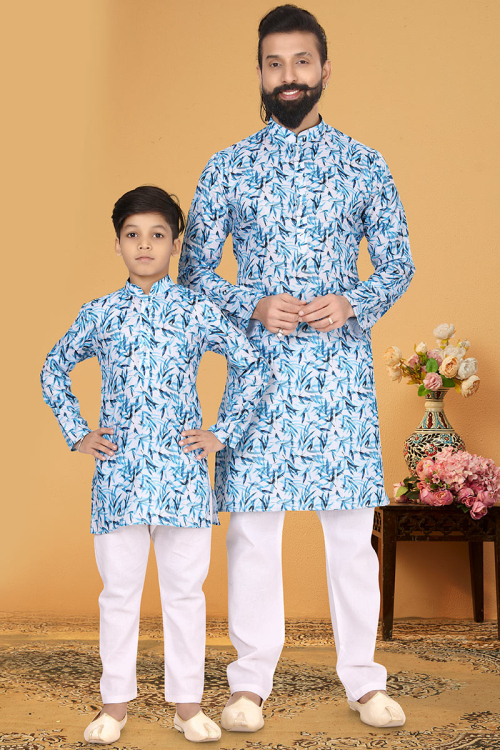 Matching White Cotton Printed Kurta Set for Father and Son