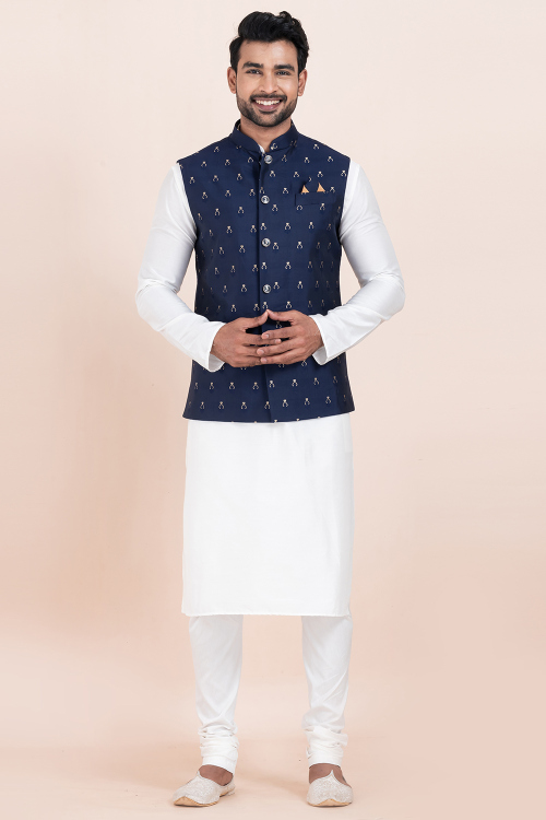 White Cotton Jacket Style Men's Churidar Kurta 