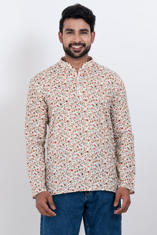 White Cotton Printed Casual Wear Men's Kurta 