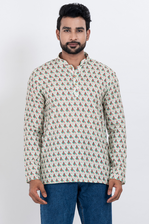 White Cotton Printed Men's Kurta for Casual Wear