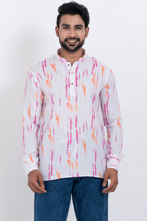 White Cotton Printed Men's Kurta for Casual Wear