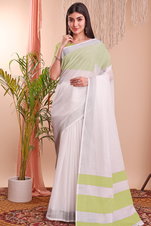 White Cotton Saree with Weaved Thread Work for Casual Wear