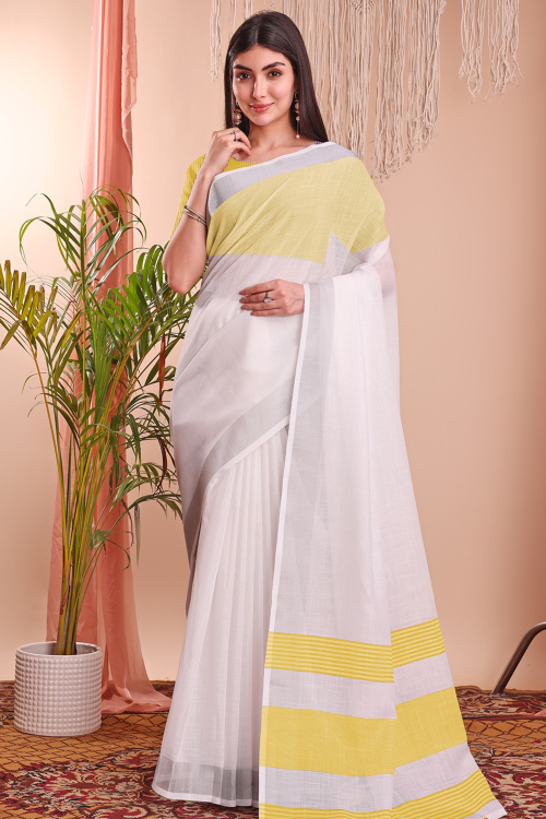 White Cotton Saree with Weaved Thread Work for Casual Wear