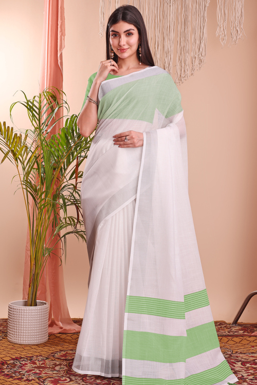 White Cotton Saree with Weaved Thread Work for Casual Wear