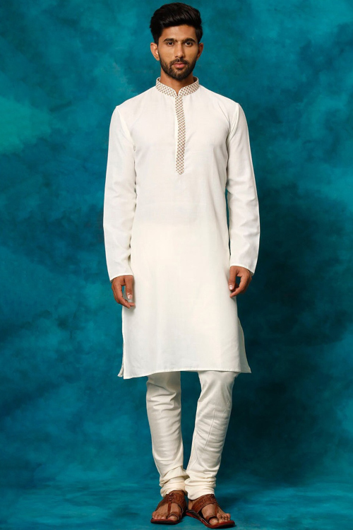 White Cotton Silk Men's Kurta Chuidar With Resham Thread Work